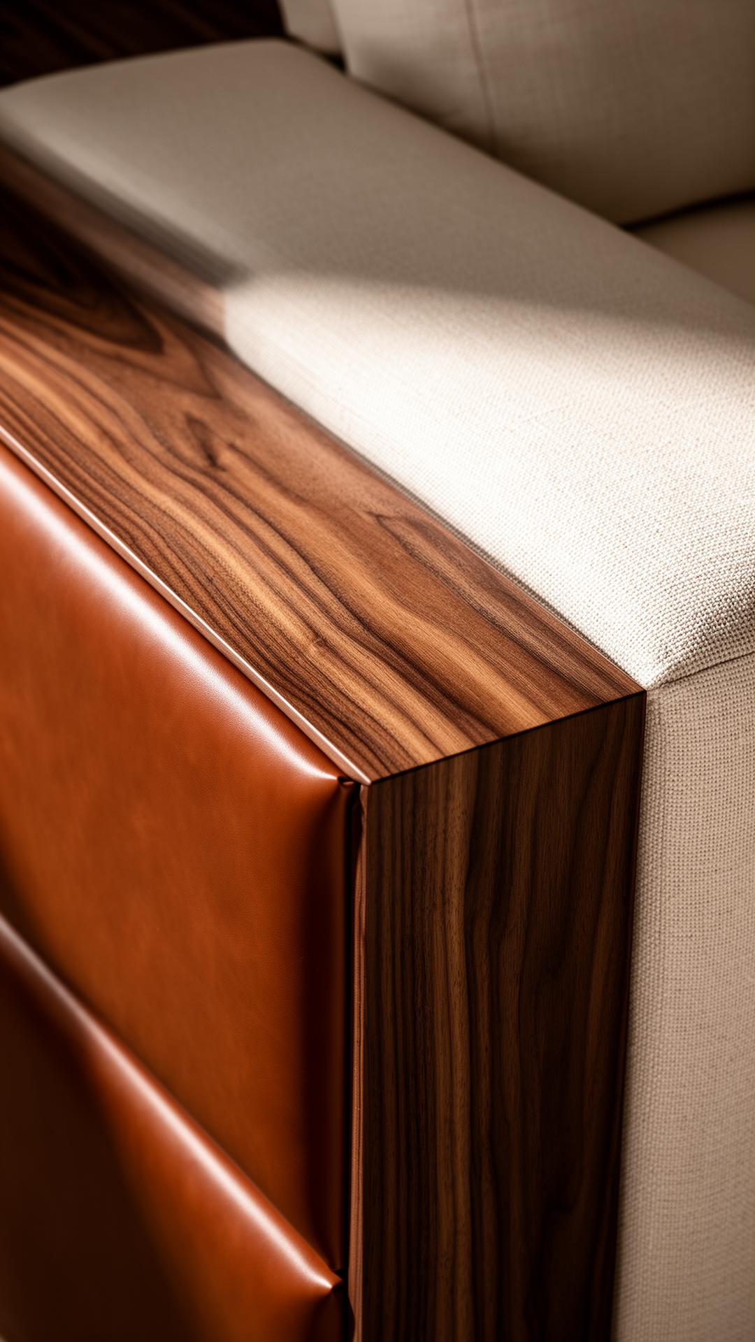 Close-up of bespoke furniture detail in walnut, tan leather and linen