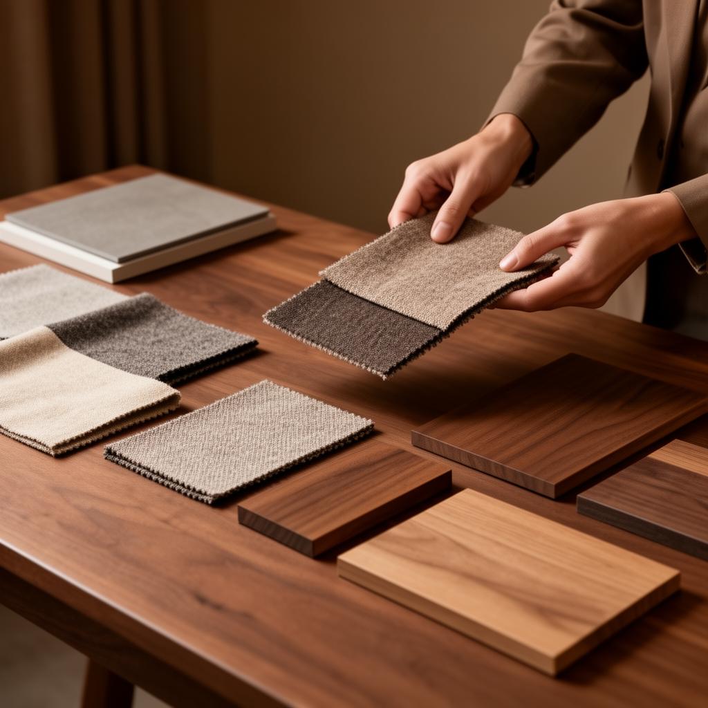 Designer reviewing fabric swatches and wood finishes