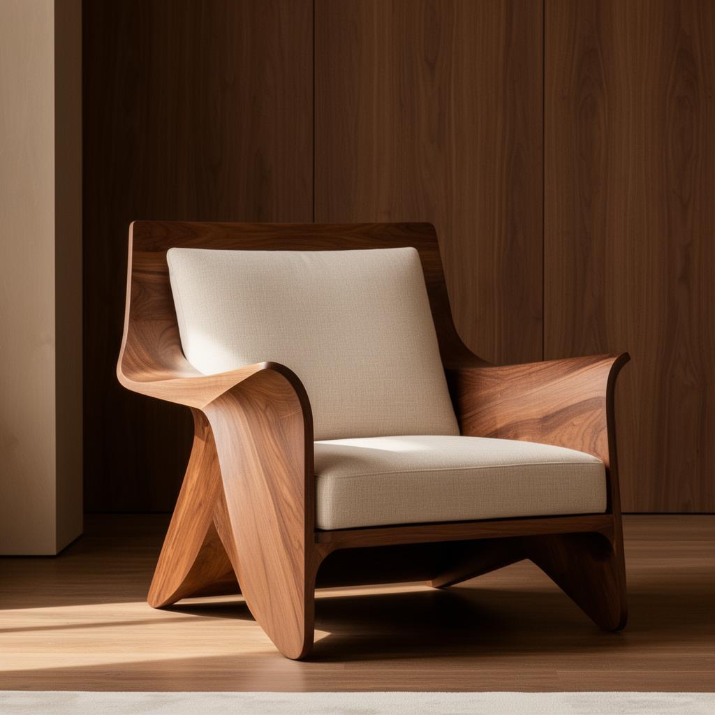 Handcrafted walnut armchair with cream linen cushions