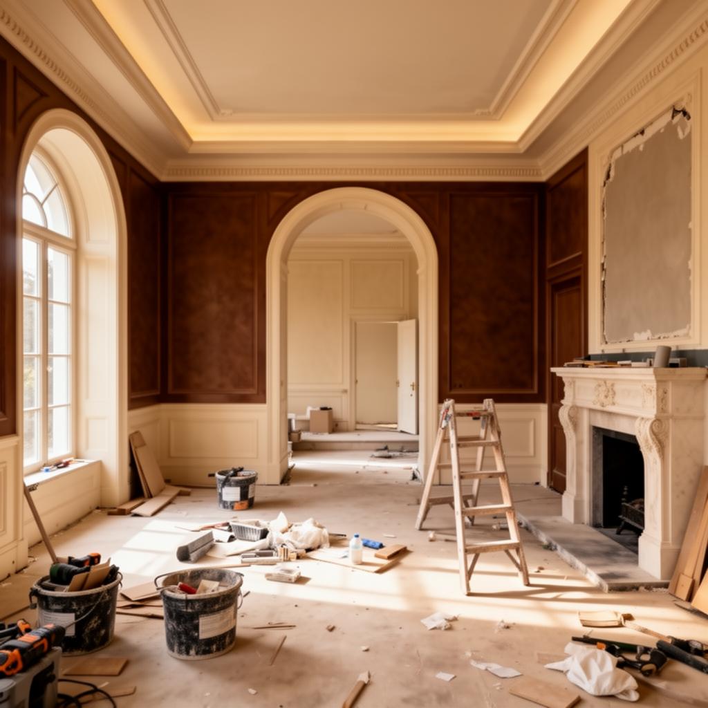 Luxury home interior mid-renovation with refined architectural detail