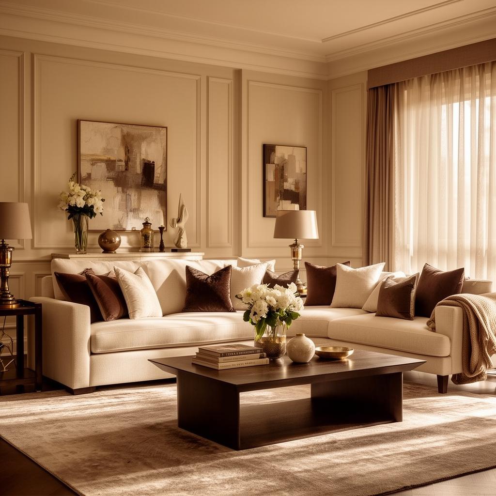 Beautifully staged luxury living room in cream and brown tones